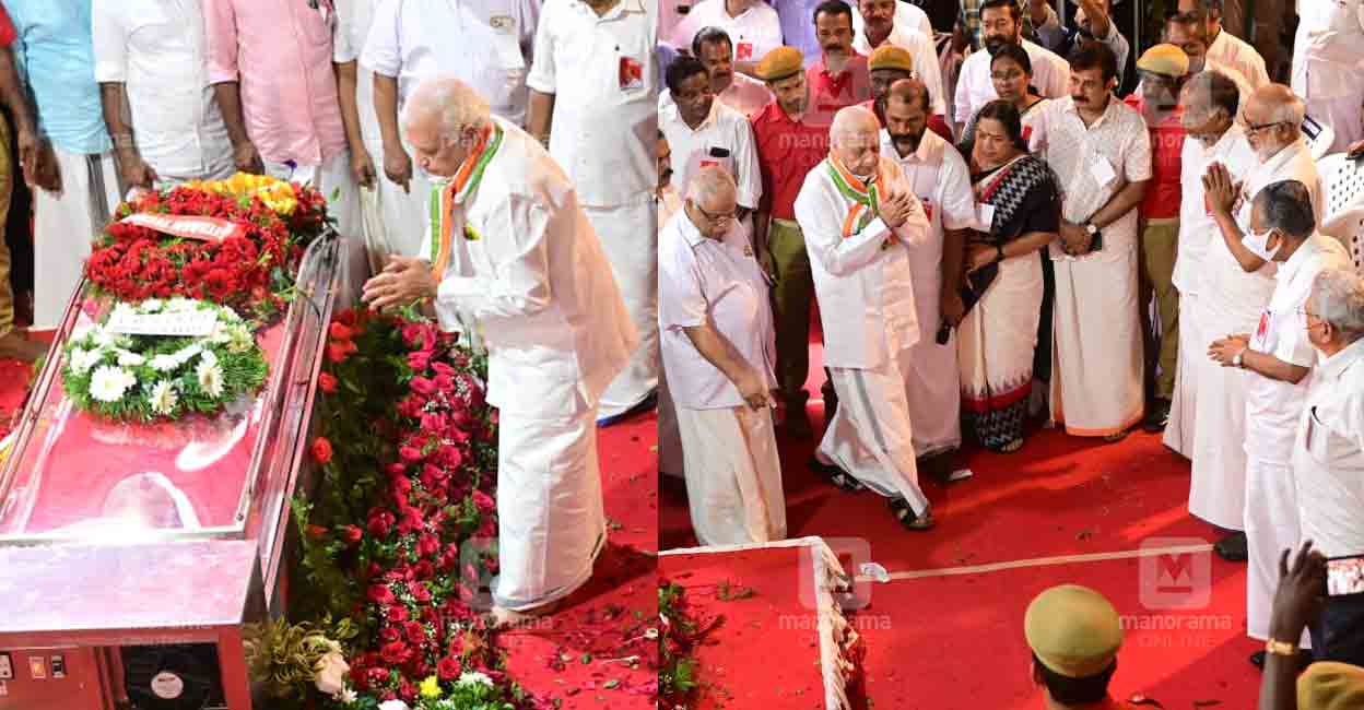 Kodiyeri Kerala Governor Arif Mohammed Khan pays tribute to CPM leader Kodiyeri Balakrishnan. Photo: Manorama