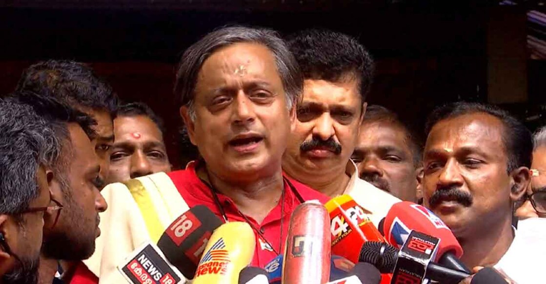 Shashi Tharoor speaks to reporters in Thiruvananthapuram. Photo: Manorama