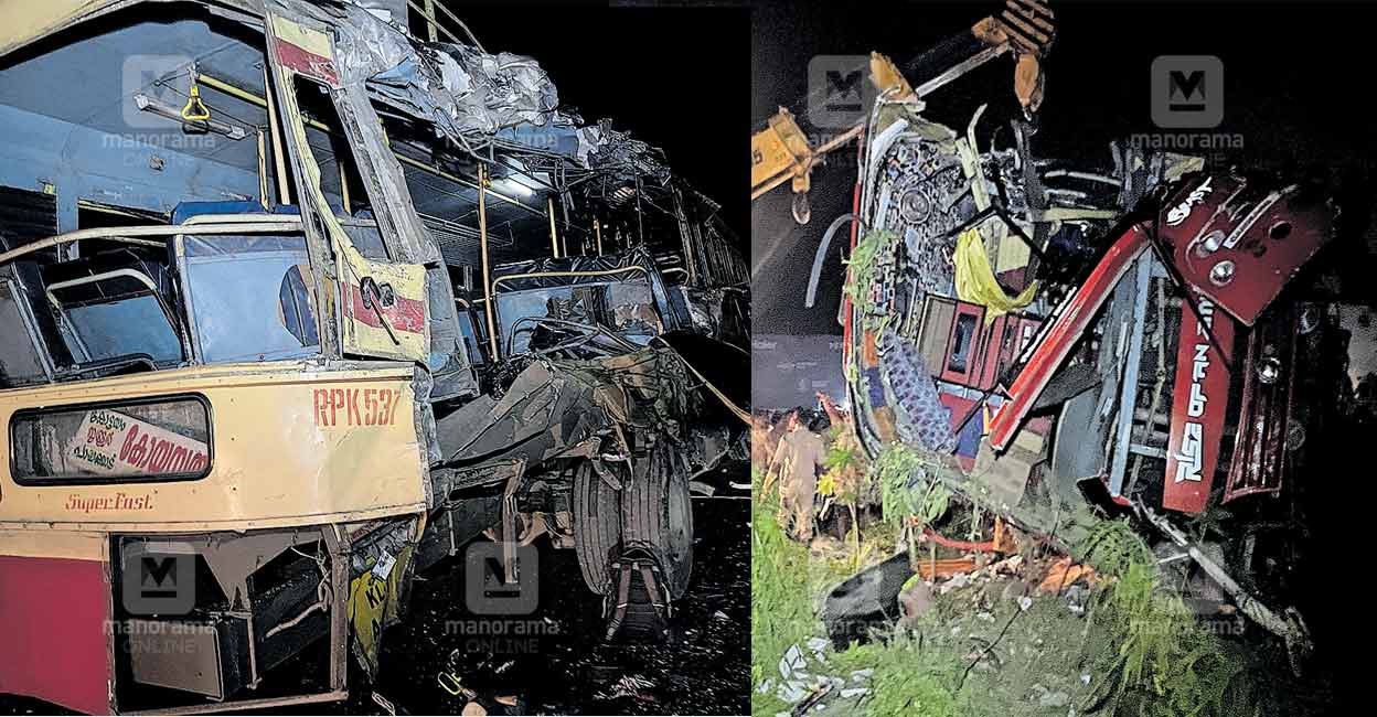 A tourist bus (R) carrying students and faculty from Baselious School in Ernakulam's Mulanthuruthy crashed into a KSRTC bus (L) on Oct 6, 2022.  Photo: Manorama