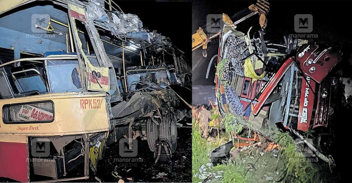 Accident A tourist bus (R) carrying students and faculty from Baselious School in Ernakulam's Mulanthuruthy crashed into a KSRTC bus (L) on Oct 6, 2022. Photo: Manorama