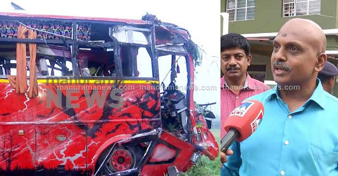 The tourist bus that met with the accident. Transport Commissioner S Sreejith.
