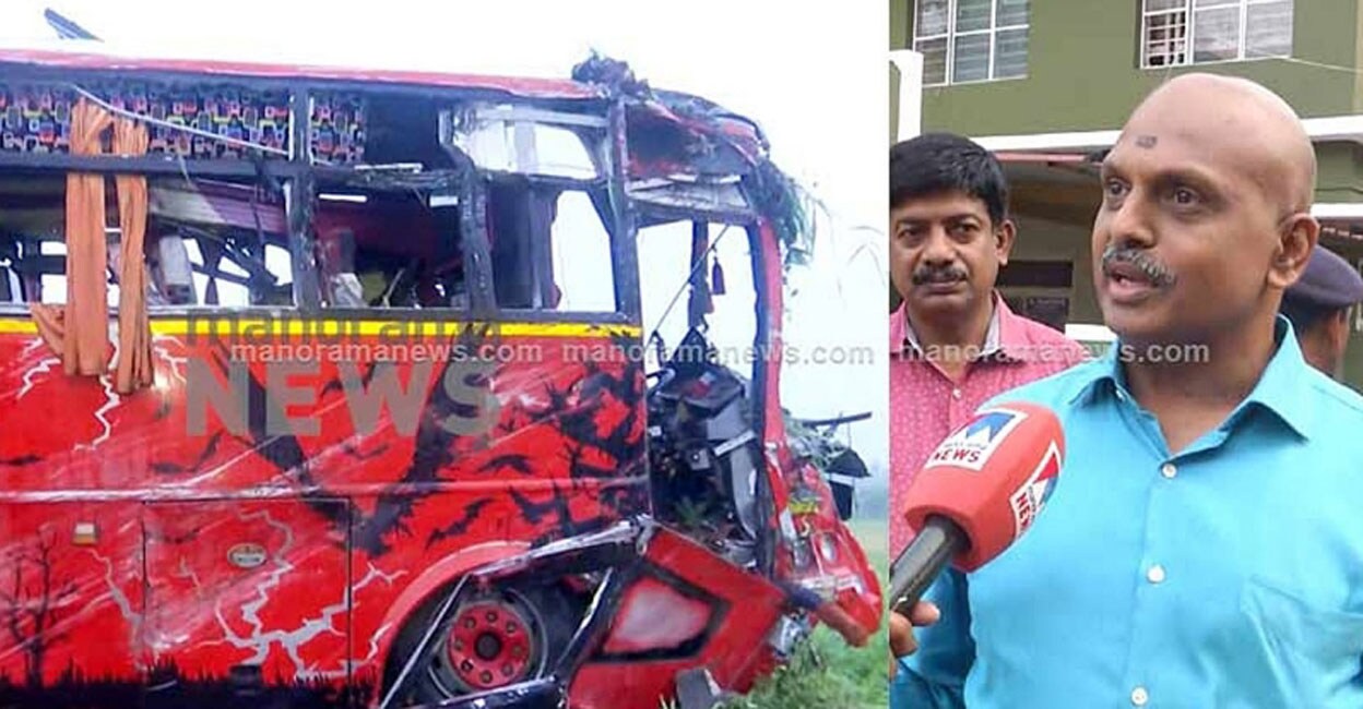 The tourist bus that met with the accident. Transport Commissioner S Sreejith.