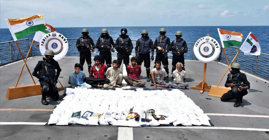 An Iranian fishing vessel with around 200 kg of heroin worth over Rs 1,200 crore has been seized in a joint operation by the Narcotics Control Bureau (NCB) and the Indian Navy. Photo: PIB/Twitter