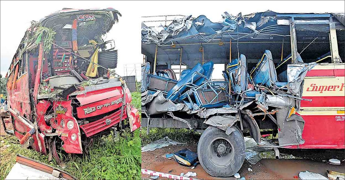 Nine people, including five students were killed and over 40 were injured after a private bus hit a state-run KSRTC bus from behind in Kerala's Palakkad district on October 7, 2022. Photo: Manorama