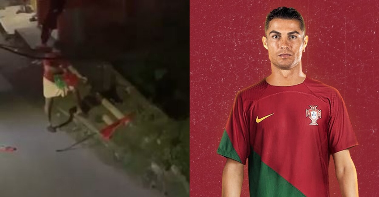 Screengrab of the youth tearing the flag of Portugal; footballer Cristiano Ronaldo. Photo: Twitter/Manorama Online