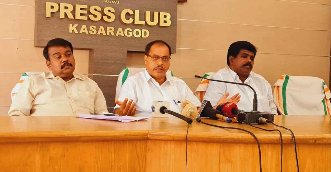 Congress district president P K Faisal (middle) with James Panthamakkal (right) addressing a press conference in Kasaragod on Friday