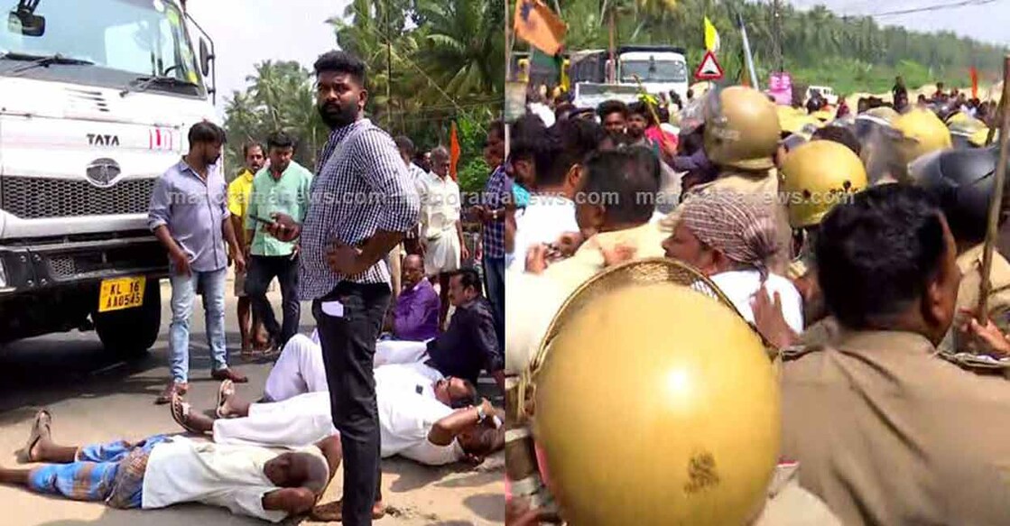 Protestors block movement of granite (rock stone) laden trucks to the Vizhinjam project site in front of the main gate on November  26, 2022.  Photo: Manorama. 
