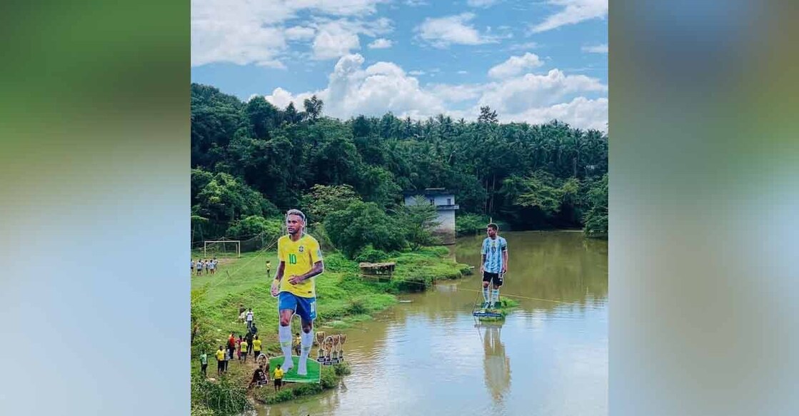 The cut-outs of Neymar (front) and Messi in the Kurungatt Kadavu River at Pullavoor in Kozhikode. Photo: Special arrangement