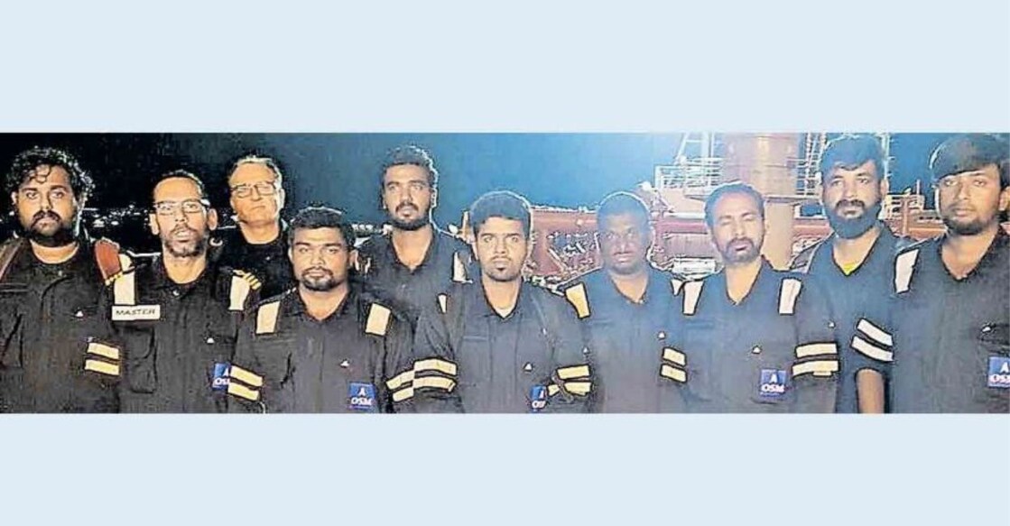 The sailors’ crew has 3 Keralites, including Nilammel NKP House V Vijith (first from left), the brother of Vismaya who committed suicide owing to dowry harassment in Kollam. Photo: Special Arrangement. 