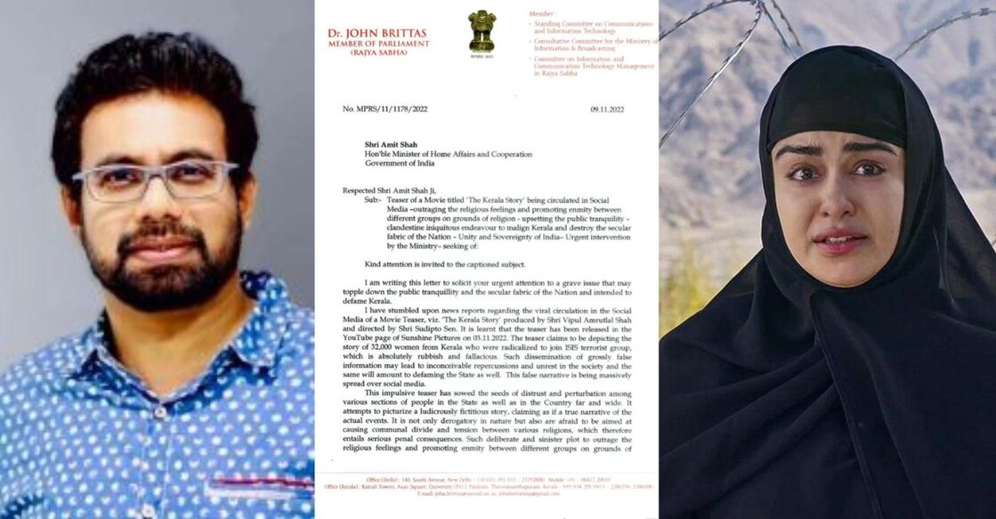 MP John Brittas; the letter sent by Brittas to the Centre; a still from the teaser of 'The Kerala Story'.
