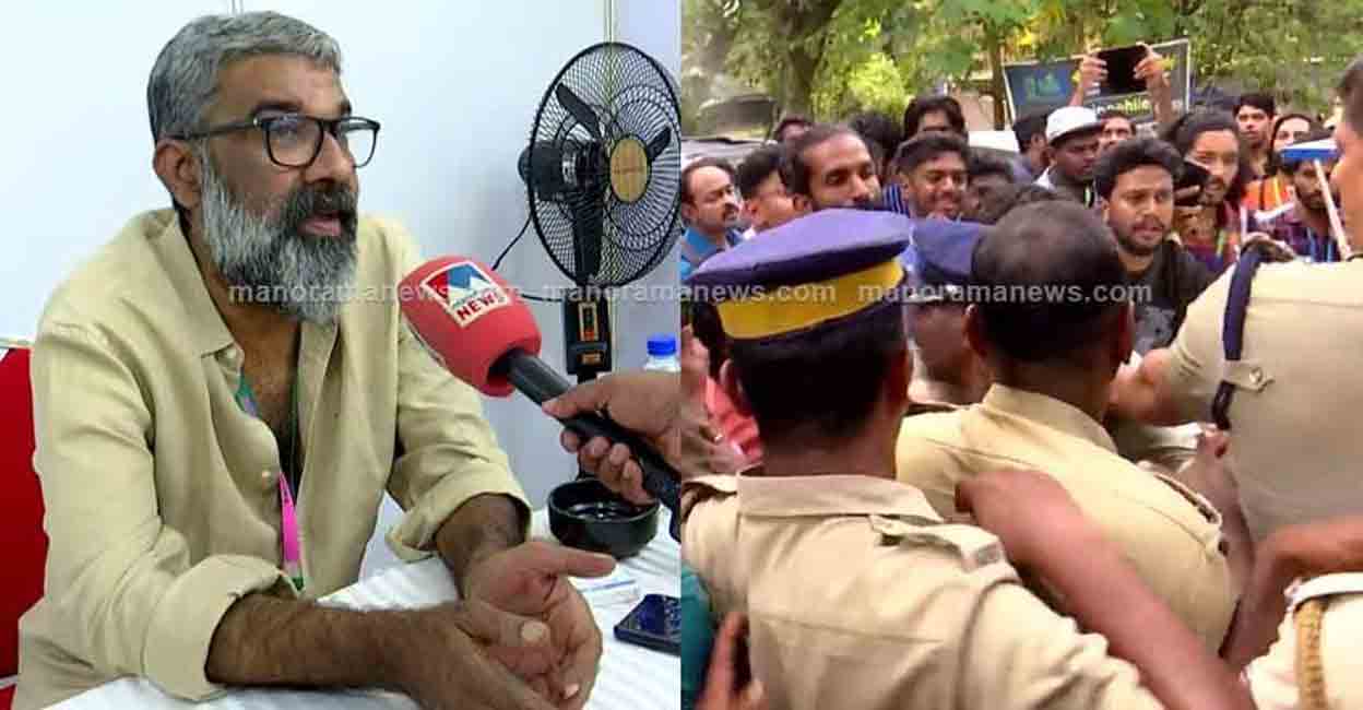 Chalachitra Academy chairman Ranjith; delegates protesting at the venue of IFFK. Screengrab: Manorama News
