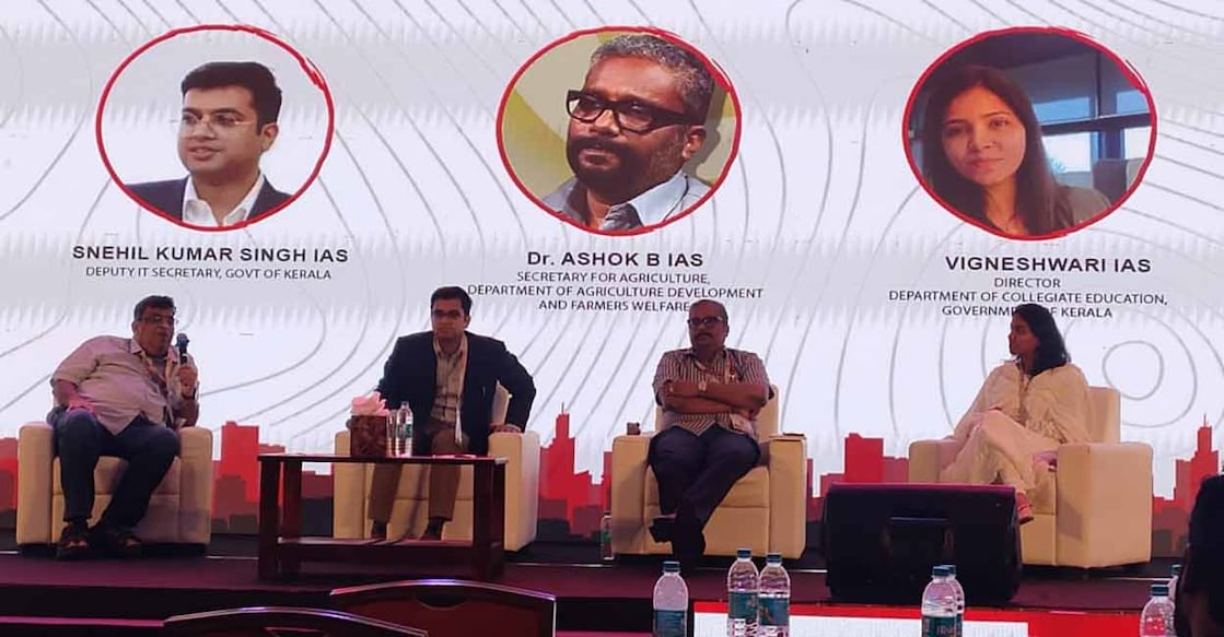 IAS officers Snehil Kumar Singh, Ashok B and Vigneshwari at a panel discussion held as part of Global Huddle startup conclave in Kovalam on Friday. (far left) Moderator P V Unnikrishnan. Photo: Special arrangement