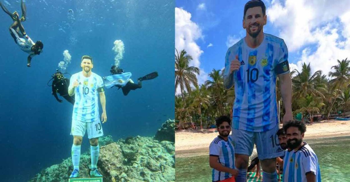 Mohammed Swadikh and friends pose alongside Lionel Messi's cutout under the sea off Kavaratti, Lakshadweep. Photo: Facebook/@mswadikh