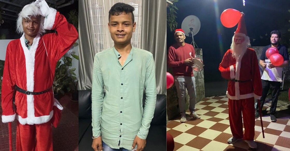 Souvik Mallick dressed up as Santa Claus; Souvik Mallick at one of the houses of the family unit during the carol visit. Photo: Special Arrangement