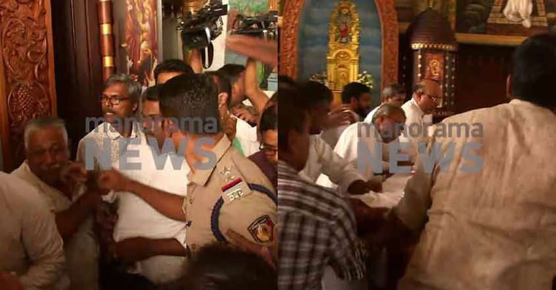 st-marys-basilica-2401 Members of the laity who favour the congregation-facing Mass and those opposed to it got into a brawl inside the Basilica. A section allegedly went up to the altar and pushed it away. Photo: Manorama News
