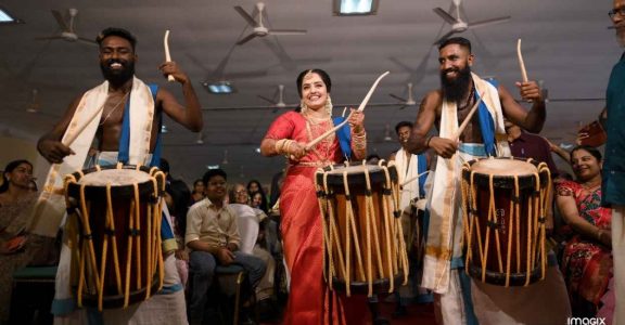 Shipla playing the chenda with fellow artistes Shipla playing the chenda with fellow artistes