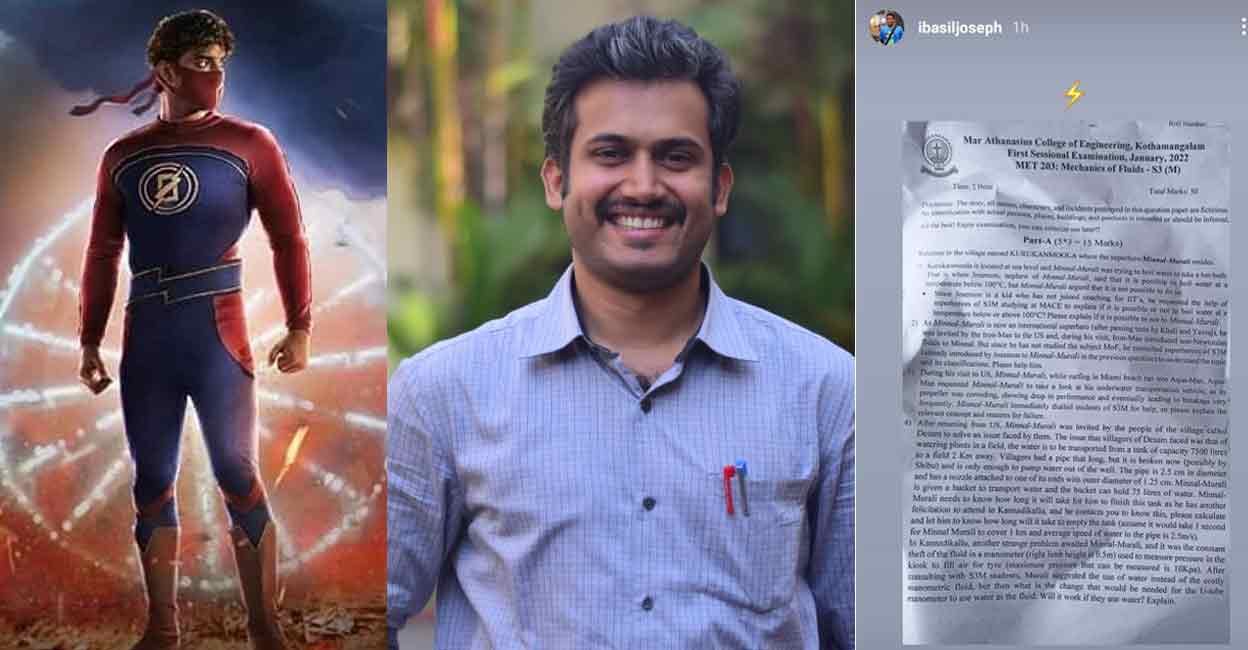 The questionnaire themed on Minnal Murali (left) was by prepared by Dr Kurian John of Mar Athanasius College of Engineering (MACE), Kothamangalam. Director Basil Joseph shared it on his Instagram (right). 