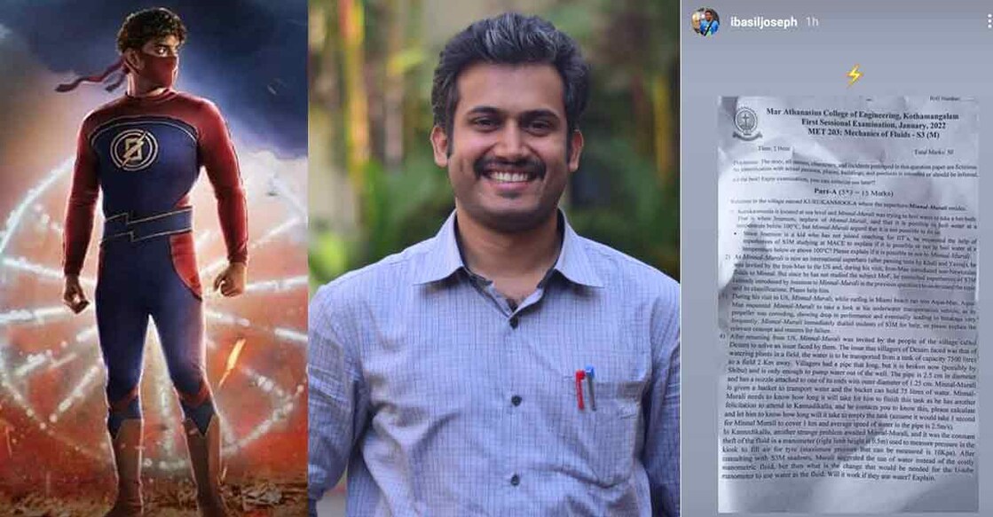 The questionnaire themed on Minnal Murali (left) was by prepared by Dr Kurian John of Mar Athanasius College of Engineering (MACE), Kothamangalam. Director Basil Joseph shared it on his Instagram (right). 