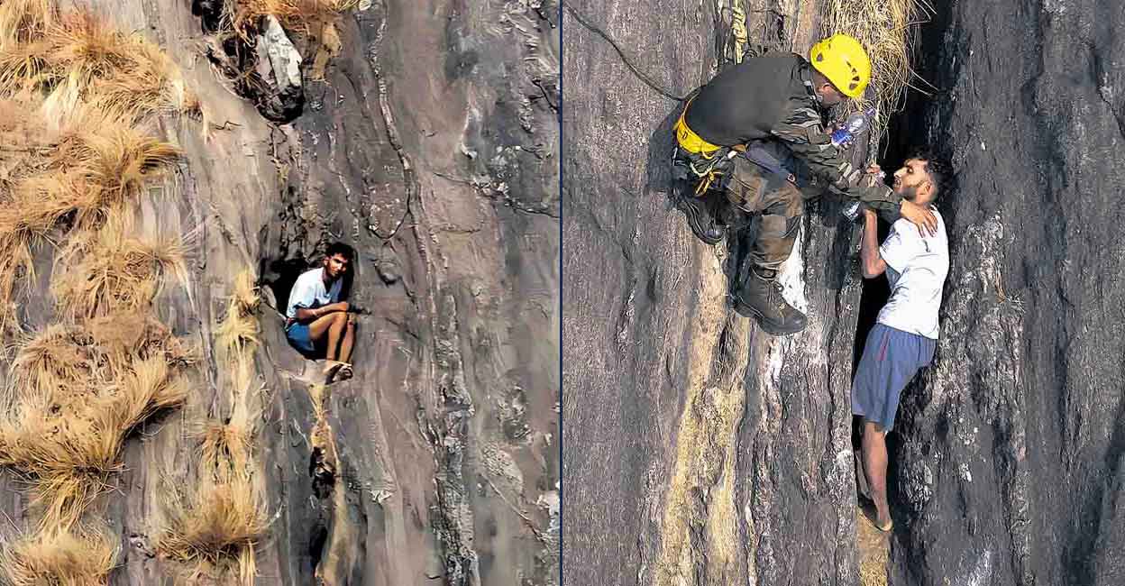 (L) A photograph of Babu stuck in the first rock cleft taken by a drone on Tuesday. (R) Babu being rescued from the crevice he got stuck into after the second fall.