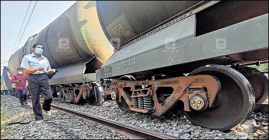 Authorities check the derailed goods train near Puthukkad station. Photo: Manorama