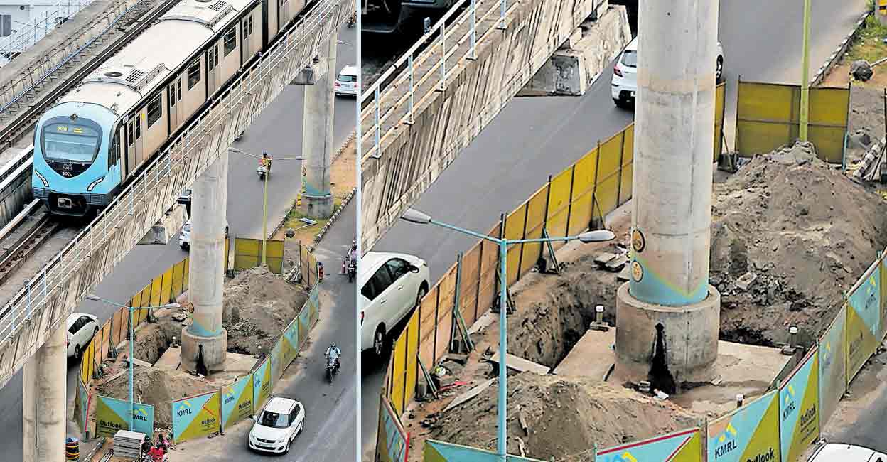 Kochi Metro കൊച്ചി പത്തടിപ്പാലത്ത് മെട്രോയുടെ 347–ാം നമ്പർ തൂണിനു ചുവട്ടിൽ പരിശോധനയ്ക്കായി മണ്ണു മാറ്റിയിരിക്കുന്നു.