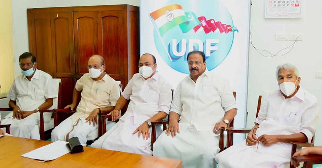 (From left) UDF leaders P J Joseph, P K Kunhalikutty, V D Satheesan, K Sudhakaran and Oommen Chandy at the front's meeting in Thiruvananthapuram on Monday.