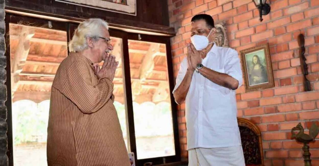 Minister M V Govindan visits Adoor Gopalakrishnan at the latter's residence in Thiruvananthapuram on Thursday.  