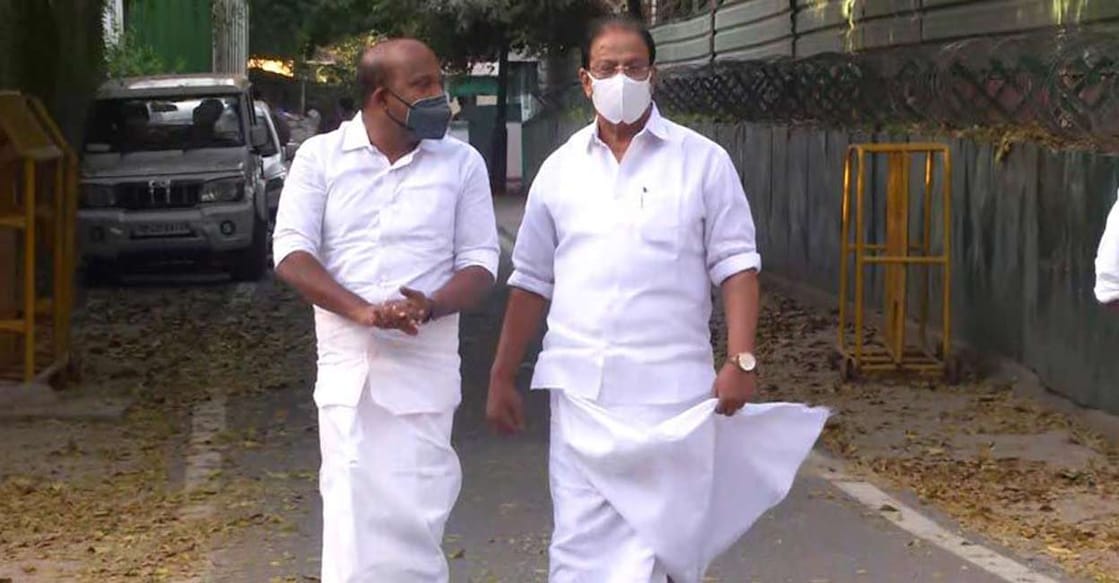 M Liju and K Sudhakaran come out after their meetings with Rahul Gandhi in New Delhi on Wednesday.
