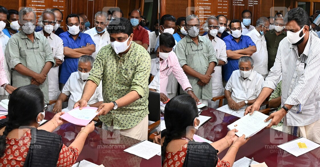 CPM's A A Rahim (left) and CPI leader P Santhosh Kumar (right) file nominations.