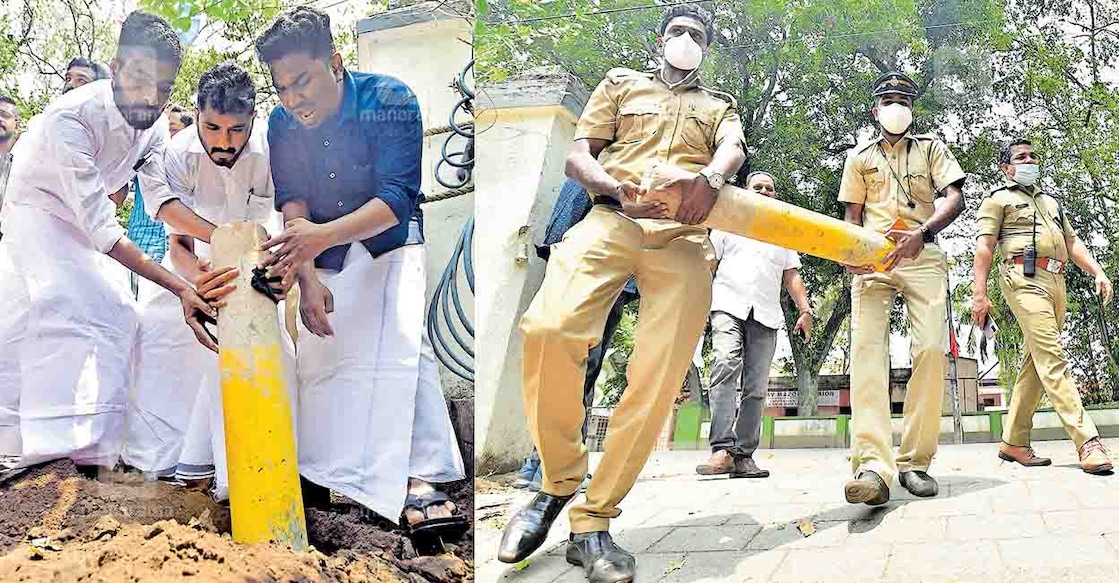 Boundary Stones K-Rail As a token protest,KSU activists laid a boundary stone, which is used for earmarking the proposed rail corridor, in front of the Kollam East police station.