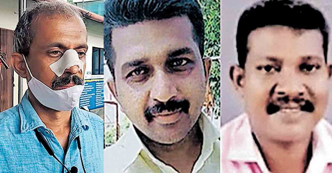 (1) മർദനമേറ്റ കെ.മനോജ്‌. (2) അറസ്റ്റിലായ ബിജു പി.നായർ, ജെയ്സൺ ബേബി.