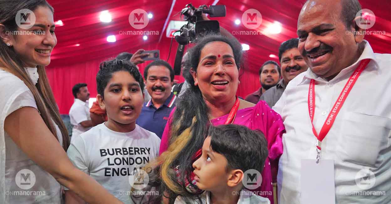 Kodiyeri Kodiyeri Balakrishnan shares joy with family members after being selected as the CPM State Secretary for the third time in a row. Photo: EV Sreekumar