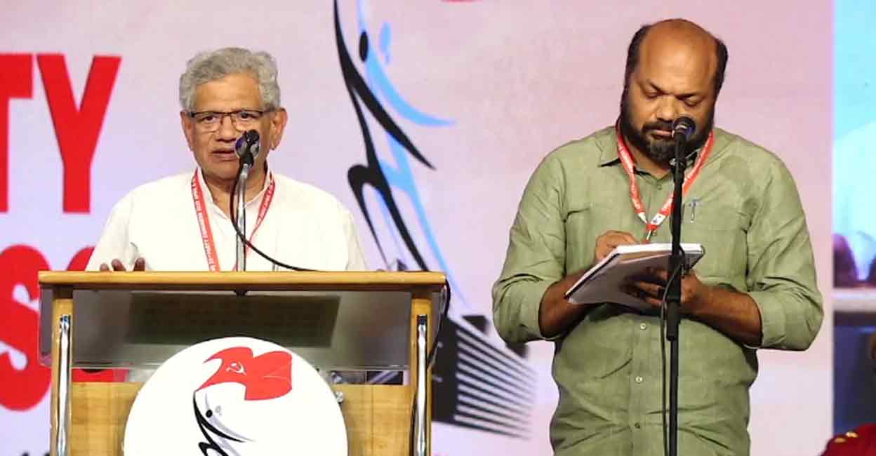 CPM General Secretary Sitaram Yechury the 23rd Party Congress in Kannur on Sunday. P Rajeev, Kerala's Minister for Law, helps to translate his speech. Screengrab