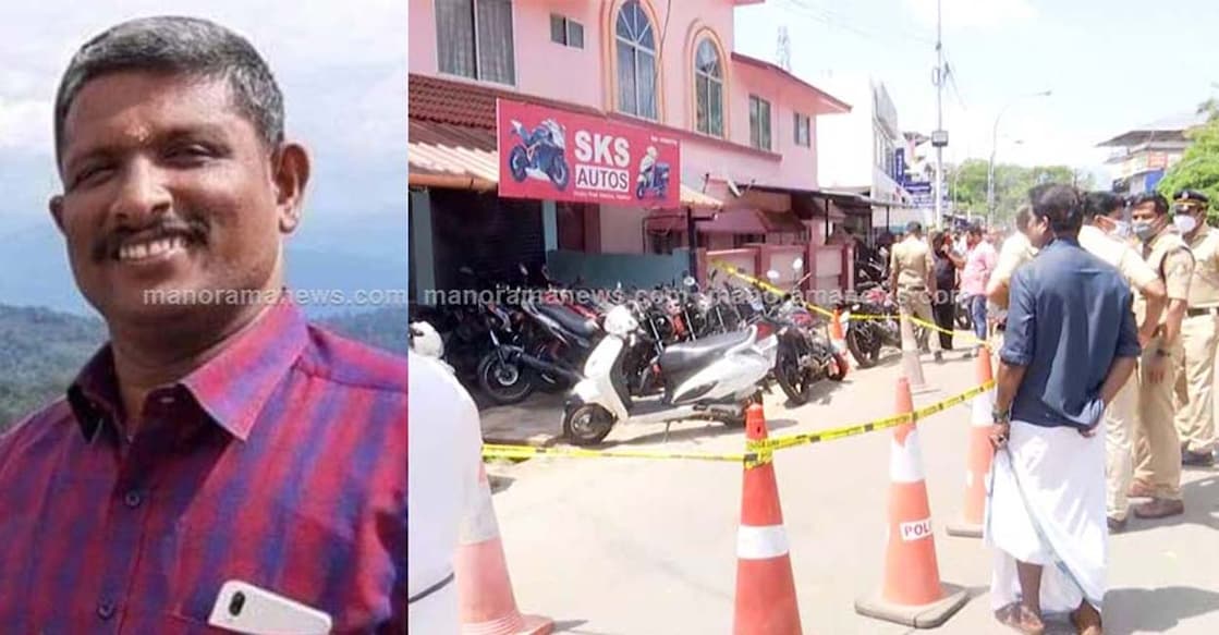 (Left) Slain RSS leader Srinivasan. (Right) Police examine the spot where assailants hacked Srinivasan to death.