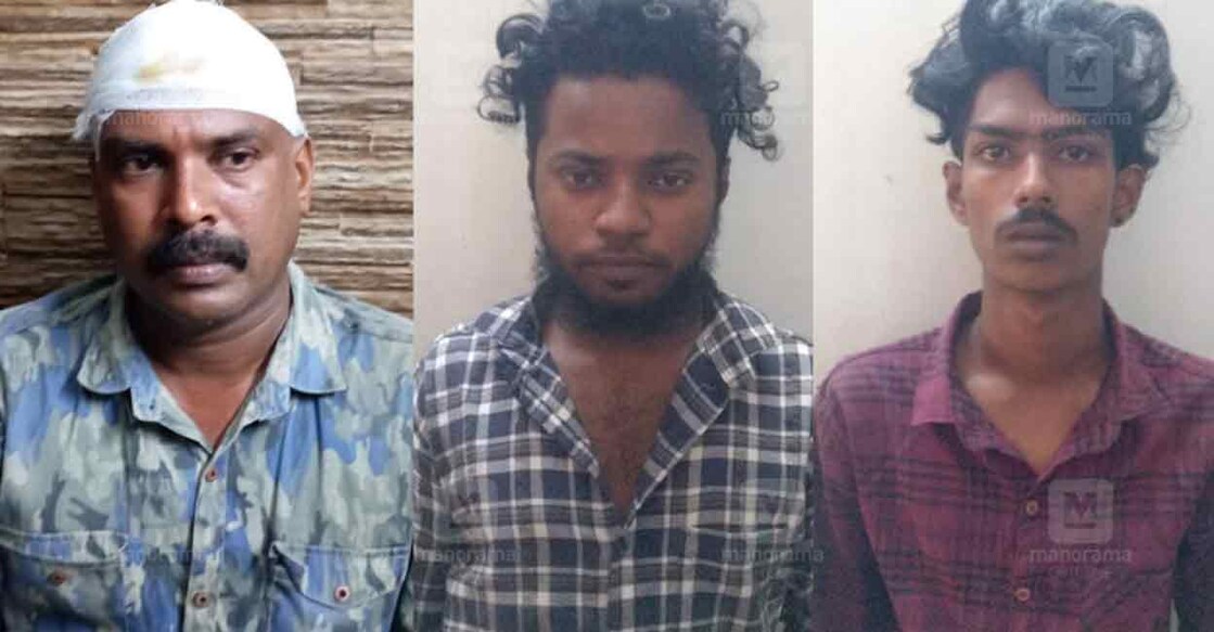 L-R: The injured policeman, Aneesh and the accused Rahul and Joseph Sanal. 