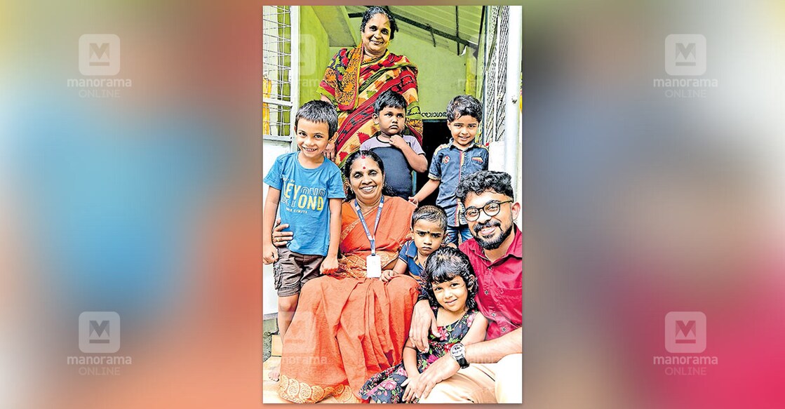 P B Prasanna Kumari (centre) with kids and her son Praseed Balakrishnan (right).