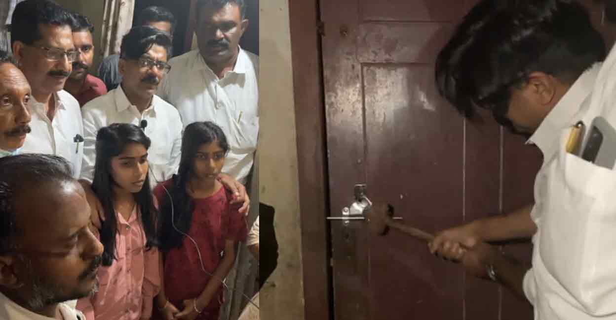Mathew Kuzhalnadan with the children inside the house at Paipra in Muvattupuzha on Saturday. The MLA breaks the lock (right). Photo: Screengrabs