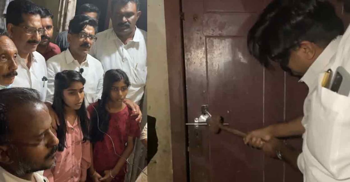Mathew Kuzhalnadan MLA Mathew Kuzhalnadan with the children inside the house at Paipra in Muvattupuzha on Saturday. The MLA breaks the lock (right). Photo: Screengrabs