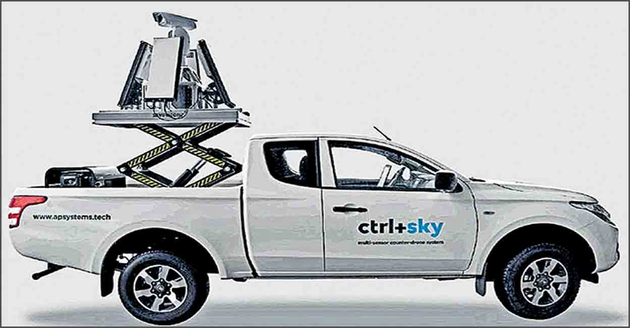 Killer drone fitted on jeep to identify drones flying within a 5-km radius.