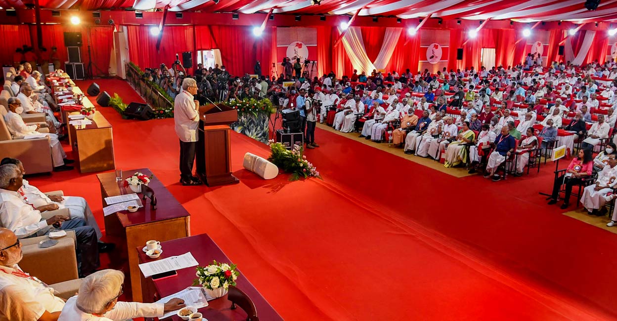 PTI04_06_2022_000220B CPI(M) General Secretary Sitaram Yechury addresses the 23rd CPI(M) Party Congress, at E.K. Nayanar Academy in Kannur, Wednesday, April 6, 2022. PHOTO: PTI