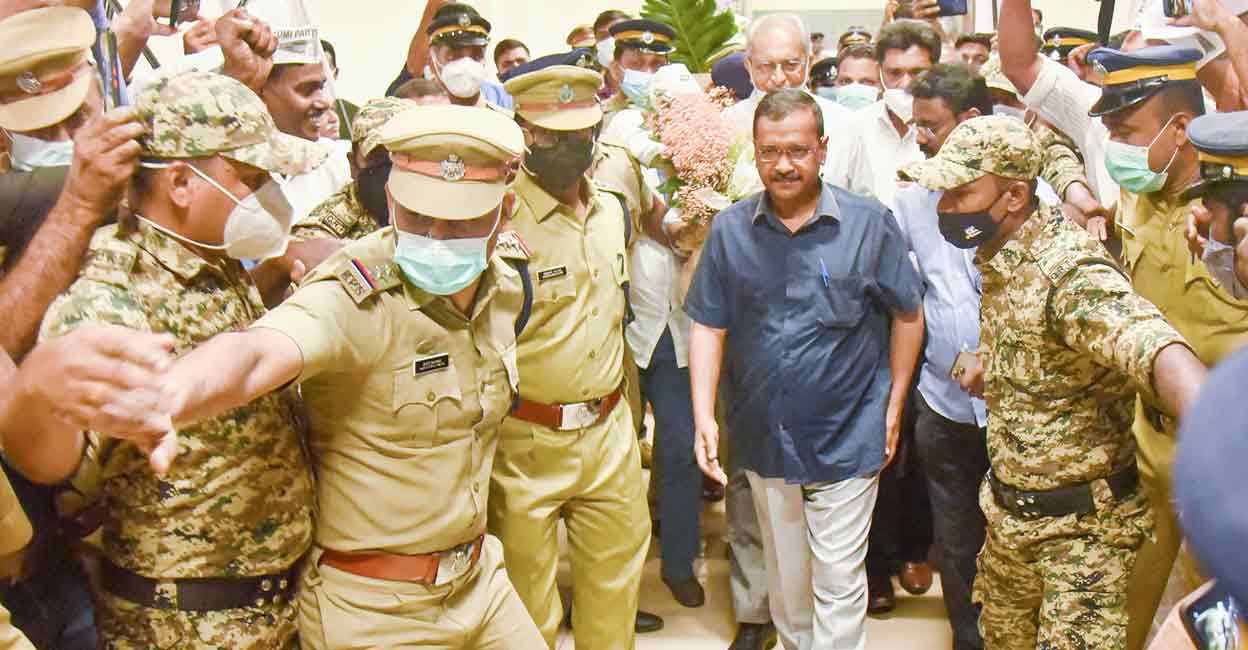 PTI05_14_2022_000283B Delhi Chief Minister Arvind Kejriwal arrives at Cochin International Airport, in Kochi on Saturday. Photo: PTI