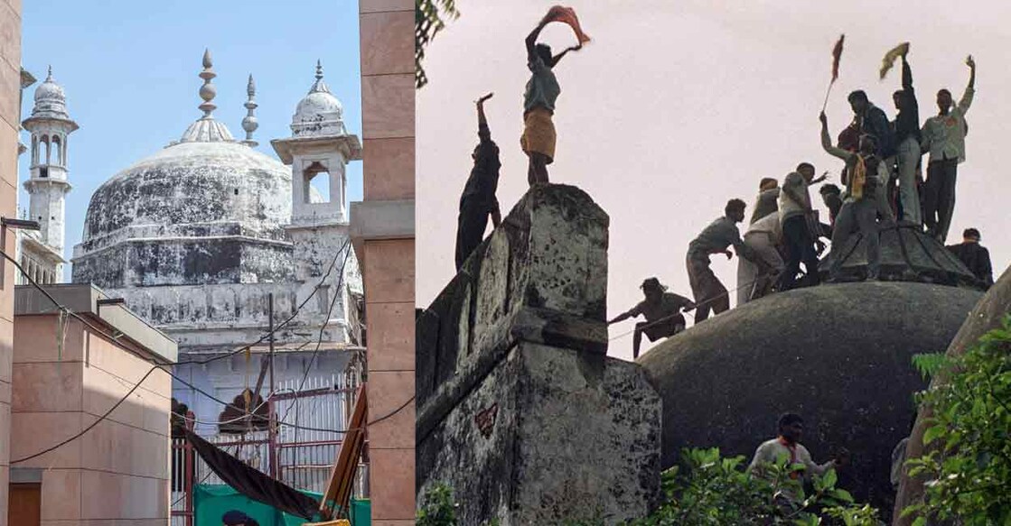 L-R: Gyanvapi mosque after its survey by a commission, in Varanasi on Tuesday. A file photograph taken on December 6, 1992 shows youths clamour atop the Babri Mosque five hours before the structure was completely demolished. Photos: PTI/AFP
