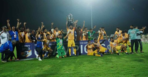 Kerala captain Jijo Joseph lifts the Santosh Trophy. Photo: Special arrangement Kerala captain Jijo Joseph lifts the Santosh Trophy. Photo: Special arrangement