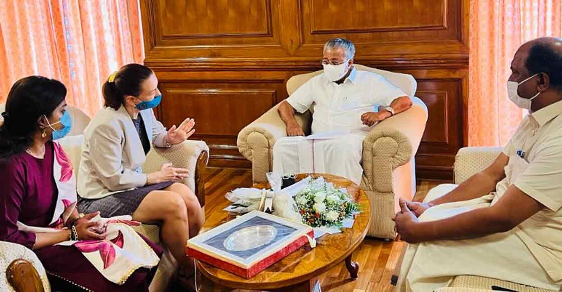 Consul General of France in Pondicherry and Chennai, Lise Talbot Barre meeting Kerala Chief Minister Pinarayi Vijayan in Kochi on Tuesday. Finance Minister KN Balagopal also seen. Photo: Twitter/ @FranceinPondi