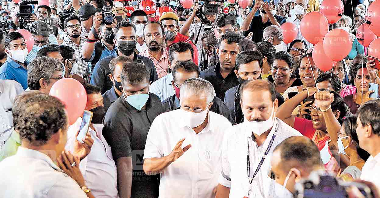 thrikkakara-election-campaign-pinarayi Chief Minister Pinarayi Vijayan arriving at Poonithura to campaign for LDF candidate Dr Jo Joseph as part of the upcoming Thrikkakara bypoll. PHOTO: Manorama