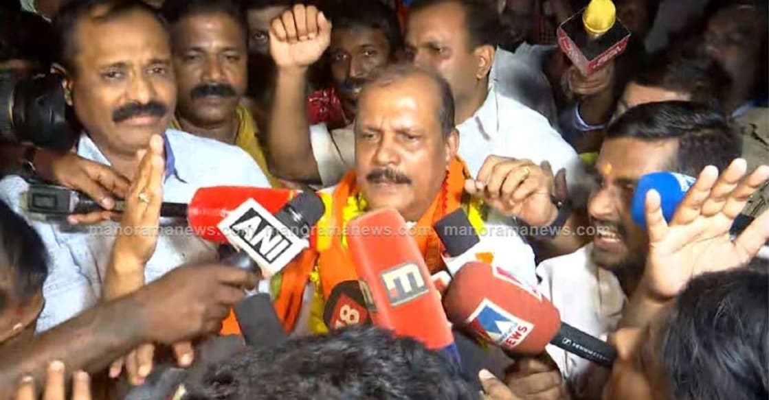 Vishnu Article Image P C George addressing the media after being released from Poojapura Central Jail. BJP district president V V Rajesh can also be seen. PHOTO: Manorama News