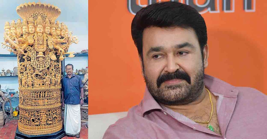 Vellar Nagappan near the 12-foot-tall ‘Viswaroopam’ wooden sculpture (left). Actor Mohanlal (right). 