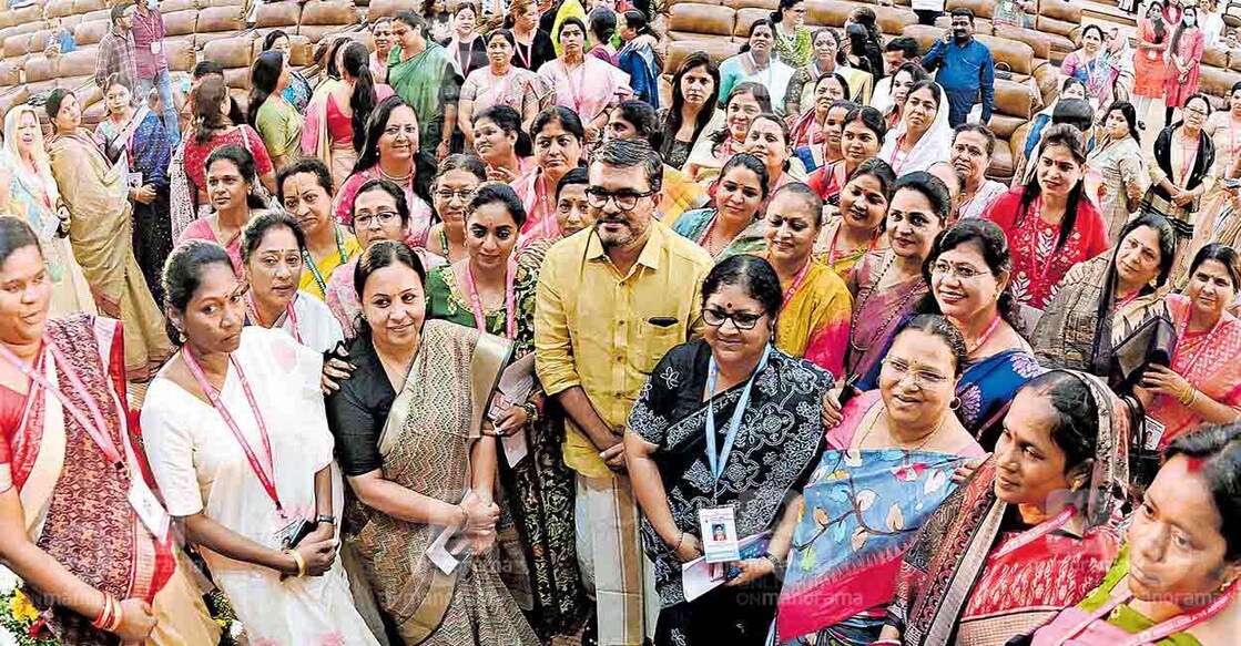 Delegates posing for a picture with Kerala Speaker M B Rajesh at the National Women Legislators Conference organised by the Kerala Legislative Assembly. Photo: Manorama