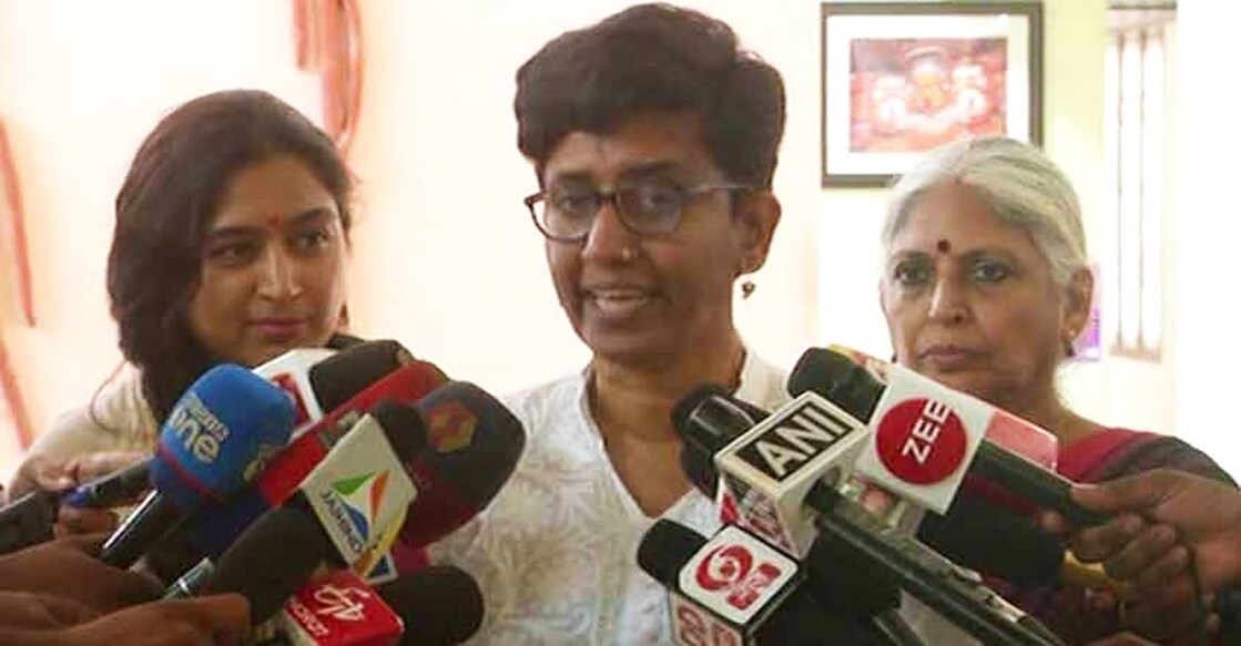 (From left) WCC members Padmapriya, Asha Joseph and Beena Paul speak to media after a meeting on the Hema commission report.