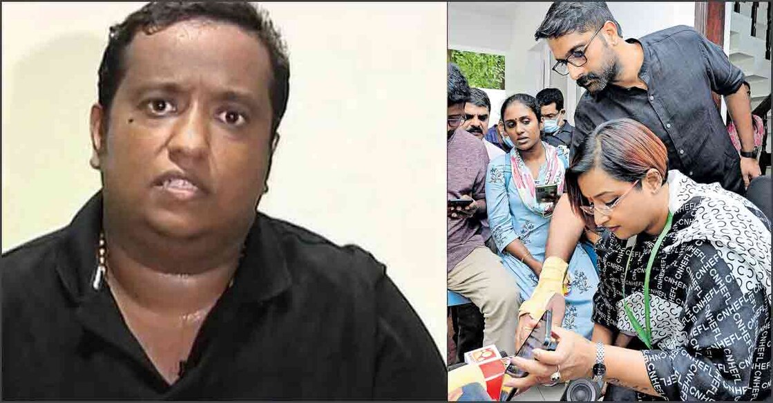 1. Shaj Kiran 2. Swapna Suresh playing the audio tape for the media. Sarith can also be seen. PHOTO: Manorama
